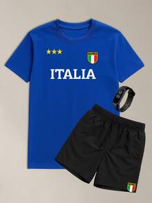 Men's Summer Kit Tactel Shorts And ITALIA Cotton T-Shirt, Comfortable Casual Model - Xanh đậm - Xem 1