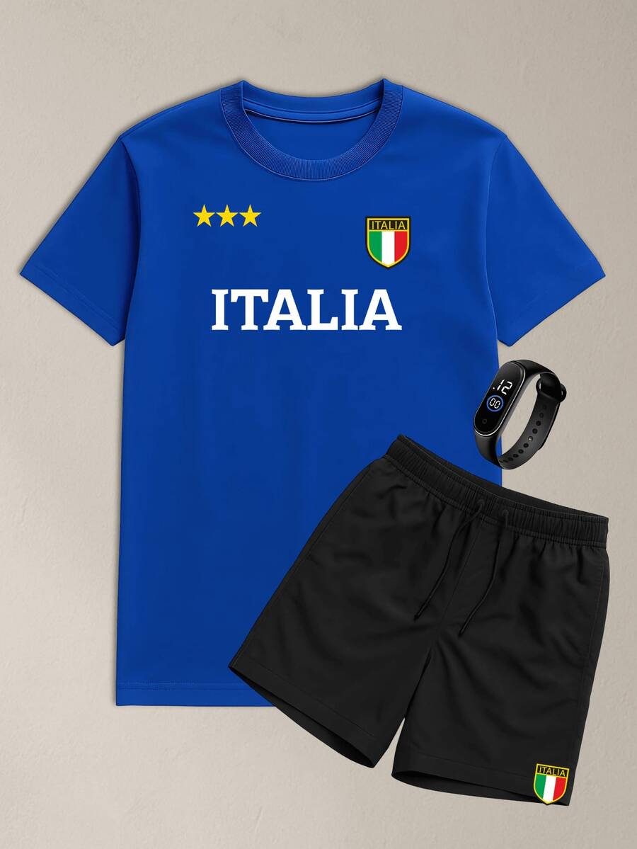 Men's Summer Kit Tactel Shorts And ITALIA Cotton T-Shirt, Comfortable Casual Model - Xanh đậm - Xem 1