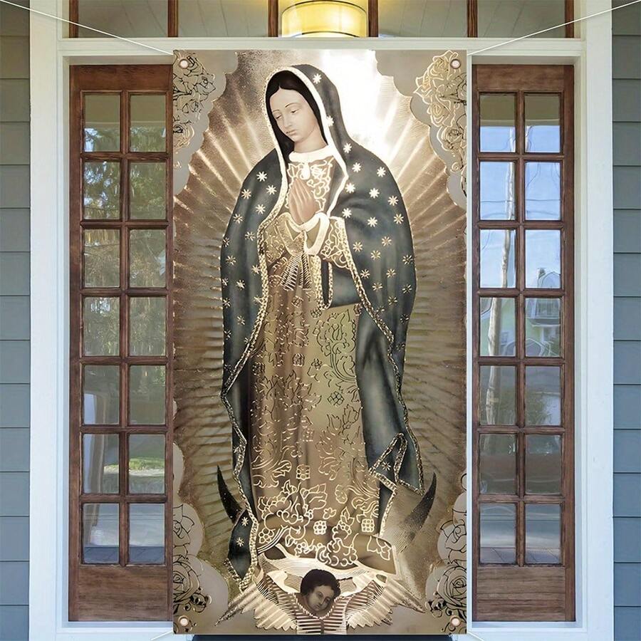 Bandera de pórtico con retrato de Body completo de la Virgen de Guadalupe - Durable poliéster, apto para decoración interior y exterior, accesorio para fotomatón