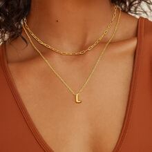 Women's Elegant Double Layer Letter Pendant Necklace With Round  Pendant - 金色 - 查看 2