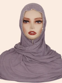 1pc Women's Striped Knit Elastic Fabric Diamond Chain Crafted Viscose Maxi Scarf, Malaysian Hijab Fashion Headscarf