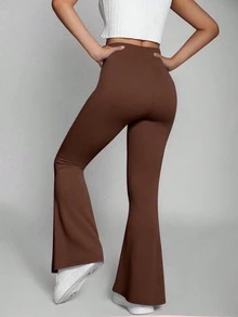 Girls' Solid Color Knitted High Waist Elastic Flared Pants, Casual Sports Yoga, Suitable For Daily Wear, Back To School (YY355)