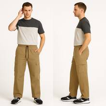 Pantalón de lino con resorte en cintura, corte recto olgado, con bolsas de cargo a los costados - Camel - Ver 4