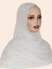 1pc Women's Striped Knit Elastic Fabric Diamond Chain Crafted Viscose Maxi Scarf, Malaysian Hijab Fashion Headscarf