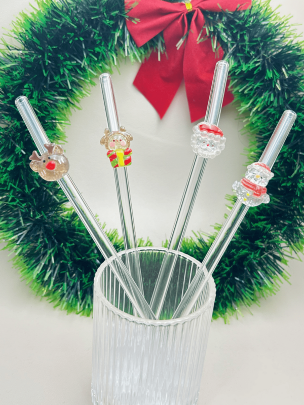 1PC/2PCS Christmas Theme Glass Straw, Santa Claus & Reindeer Design, Reusable Curved Straw For Milk Tea Juice Cocktails, Holiday Party Travel Gift