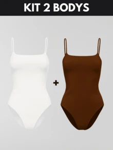 KIT 3 Women's Plus Size Blouse Women's Plus Size Bodysuit Women's Gym Blouse Women's High Compression Shaping Bodysuit Bory - 手柄-白色+棕色 - 查看 1
