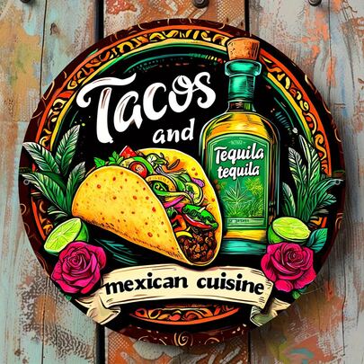1pc Rustic Metal Mexican Food Wall Decor Plaque - Taco & Tequila Decoration, Vibrant Floral Pattern, Durable Kitchen Bar Cafe Art, Pre-Drilled Holes For Easy Hanging, Style & Size As Shown In Image
