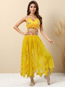 Bộ đồ múa bụng hai mảnh dành cho nữ: Áo croptop hở lưng đính sequin và chân váy chiffon bất đối xứng họa tiết lá sen. - Nhiều màu - Xem 7