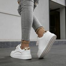 New White Leather Lace-Up Low-Top Sneakers, Round Toe With Thick Sole. Breathable, Non-Slip And Stylish For Students And Daily Casual Wear - Gold - View 4