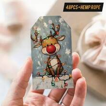 48pcs Festive Reindeer Gift Tags With Hemp Rope - Playful Reindeer Wrapped In Colorful Lights Design, Perfect For Christmas Gift Decoration, Party Supplies, And Holiday Celebrations, Reindeer Christmas Decorations