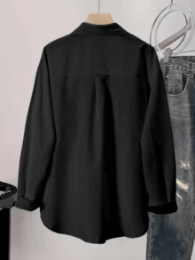 Women's Casual Long Sleeve Shirt, Loose Solid Color Button Down Pocket Blouse, Elegant French Style For Daily, Work, Vacation, Spring/Autumn/Winter - Black - View 2