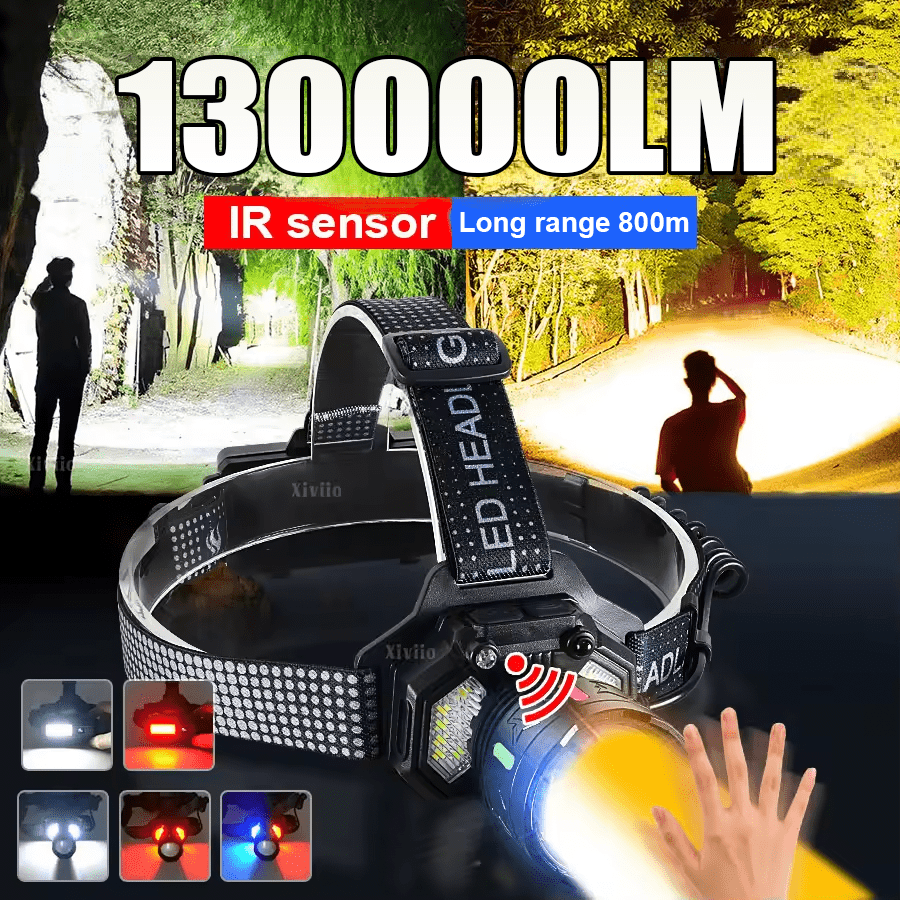 130000LM Most Powerful Headlamp White/Yellow Lights Rechargeable LED Headlight Use12 Hours Camping Fishing Head Flashlight IR Seneor Head Torch