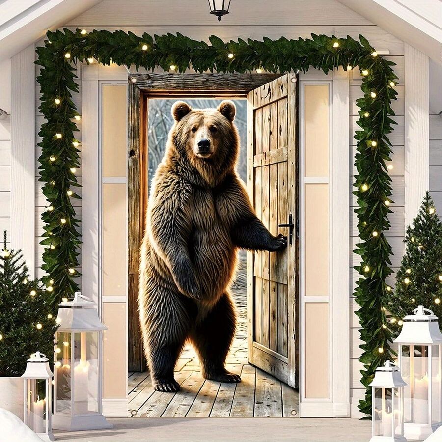 1 pieza, Pancarta colgante de Navidad, de poliéster, con diseño de oso de madera marrón para la puerta, durable con 4 agujeros para colgar fácilmente, adecuado para fiesta de Año Nuevo, decoración de pared y puerta de entrada del hogar, 177.8x88.9 cm, tema festivo de vacaciones para entrada, habitación, uso multipropósito