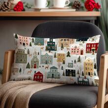 1pc Christmas Town Snowy Landscape Cushion Cover, Single-Sided Printed Soft Peach Velvet Material, 30*50cm/40*60cm Pillow Case Suitable For Indoor Decor, Party Decor, Decorative Pillow Cover Gift