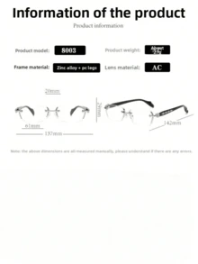 1 Set Of Men's Metal Frameless Trimmed Stylish Flat Glasses Suitable For Daily Use
