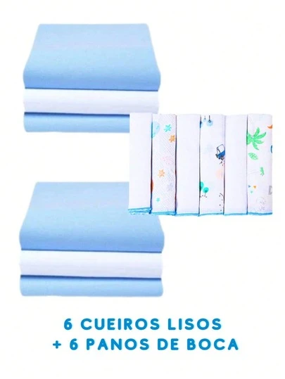 Kit 12 Peças de Enxoval de Bebê - 6 Cueiros Flanelados Estampados ou Lisos + 6 Paninho de boca 100% algodão