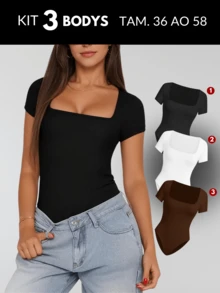 KIT 3 Women's Plus Size Blouse Women's Plus Size Bodysuit Women's Gym Blouse Women's High Compression Shaping Bodysuit Bory - 黑色 + 白色背心 - 查看 8