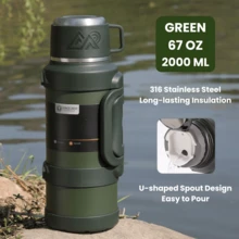 67oz 2000ml Large Water Bottle, Vacuum Insulated For Hot Coffee, 2.0L Stainless Steel Flask With Cup, Handle & Strap, 316 Inner Liner For Hot & Cold Drinks, For Outdoor, Camping, Sports, Travel - Dark Green - View 1