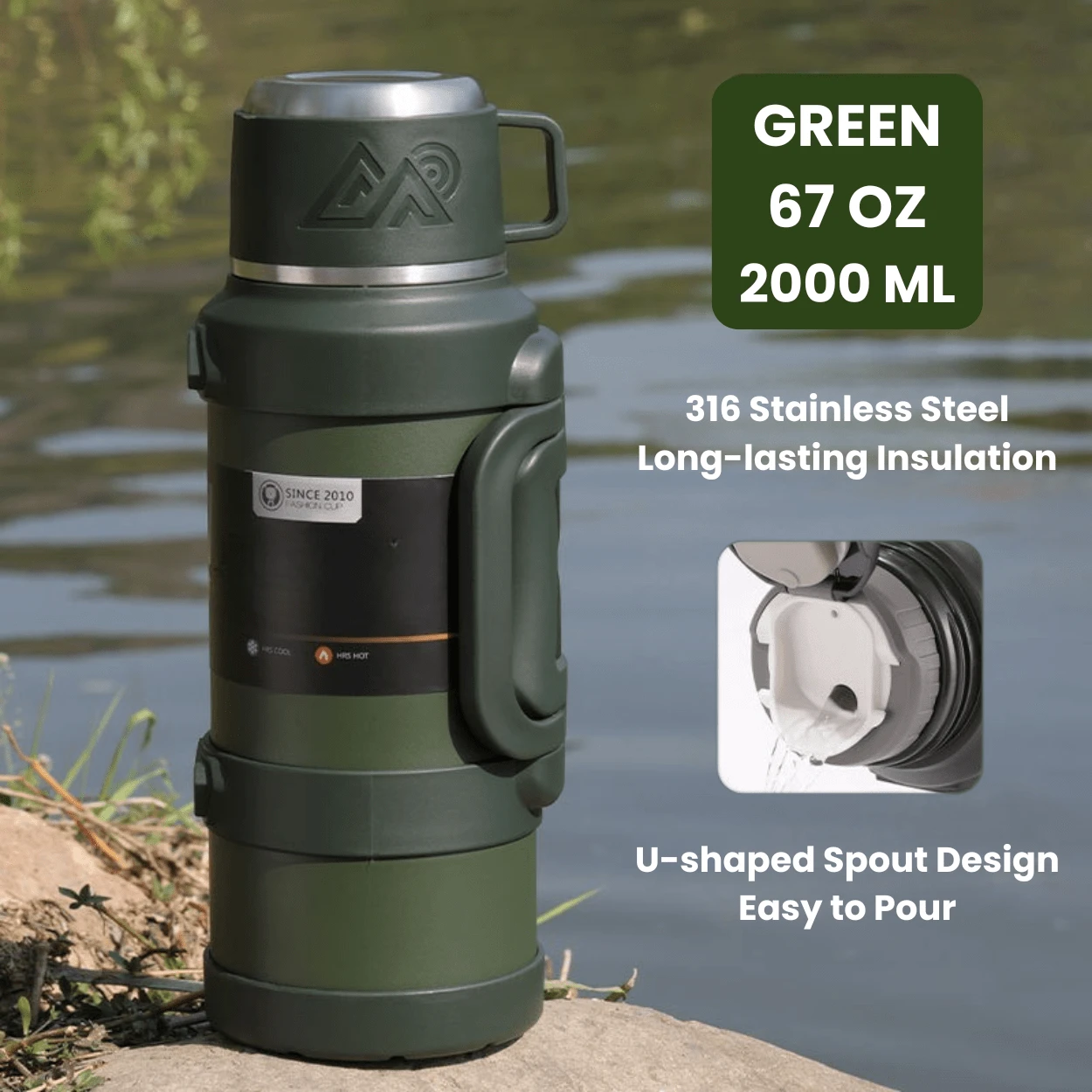 67oz 2000ml Large Water Bottle, Vacuum Insulated For Hot Coffee, 2.0L Stainless Steel Flask With Cup, Handle & Strap, 316 Inner Liner For Hot & Cold Drinks, For Outdoor, Camping, Sports, Travel - Dark Green - View 1