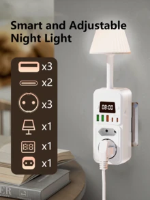 1 包 9 合 1 多功能壁式插座，带灯、时钟、3 个 USB-A 和 2 个 USB-C 端口、电涌保护器、电源管理器，适用于家庭、办公室、工作空间、卧室、游戏室和旅行