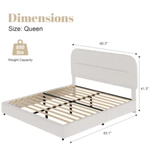Queen Bed Frame With Headboard, Boucle Upholstered Soft Platform Bed Frame With Thickened Footboard,  Rounded Corners Design, Twin/ Full/ Queen/ King, Grey/ White/ Beige/ White/ Black - Màu be - Xem 9
