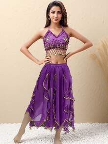Bộ đồ múa bụng hai mảnh dành cho nữ: Áo croptop hở lưng đính sequin và chân váy chiffon bất đối xứng họa tiết lá sen. - Nhiều màu - Xem 9