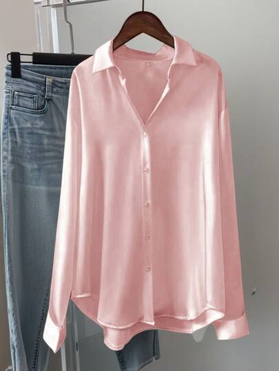 Blusa feminina plus size, cor sólida, manga comprida, casual, solta