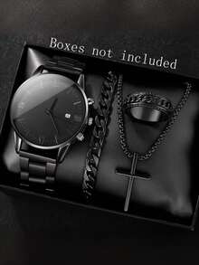 4pcs/Set Men's Casual Business Roman Scale Calendar Quartz Watch, Bracelet, Cross Necklace, Ring Jewelry Set, Suitable For Daily Wear