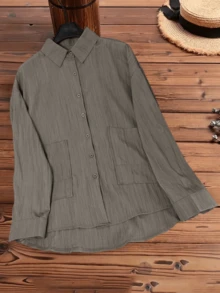 Camisa casual de mujer de manga larga con hombros caídos, bolsillos y detalles de botones, de tela tejida, longitud regular