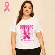 Camiseta Plus Size Outubro Rosa Prevenção ao Câncer de Mama Blusa Campanha Mulher Blusa Confortável - Branco - Visão 1