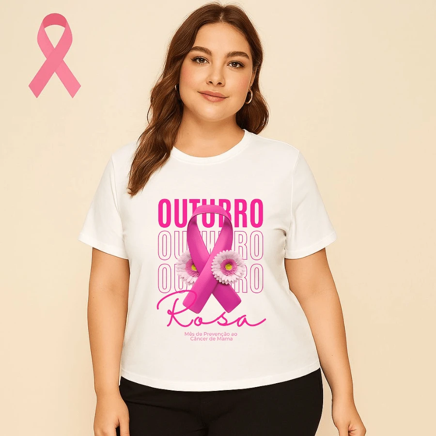 Camiseta Plus Size Outubro Rosa Prevenção ao Câncer de Mama Blusa Campanha Mulher Blusa Confortável - Branco - Visão 1