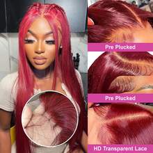 34 Inch Burgundy 99J Straight Lace Front Wig Human Blend Hair 200% Density 13x4 HD Transparent Lace Wigs For Women Glueless Wigs Pre Plucked With Baby Hair Natural Hailine Suitable For All Hair Types For Women Halloween Wigs Everyday Style Wig - S99J/BUG - View 5