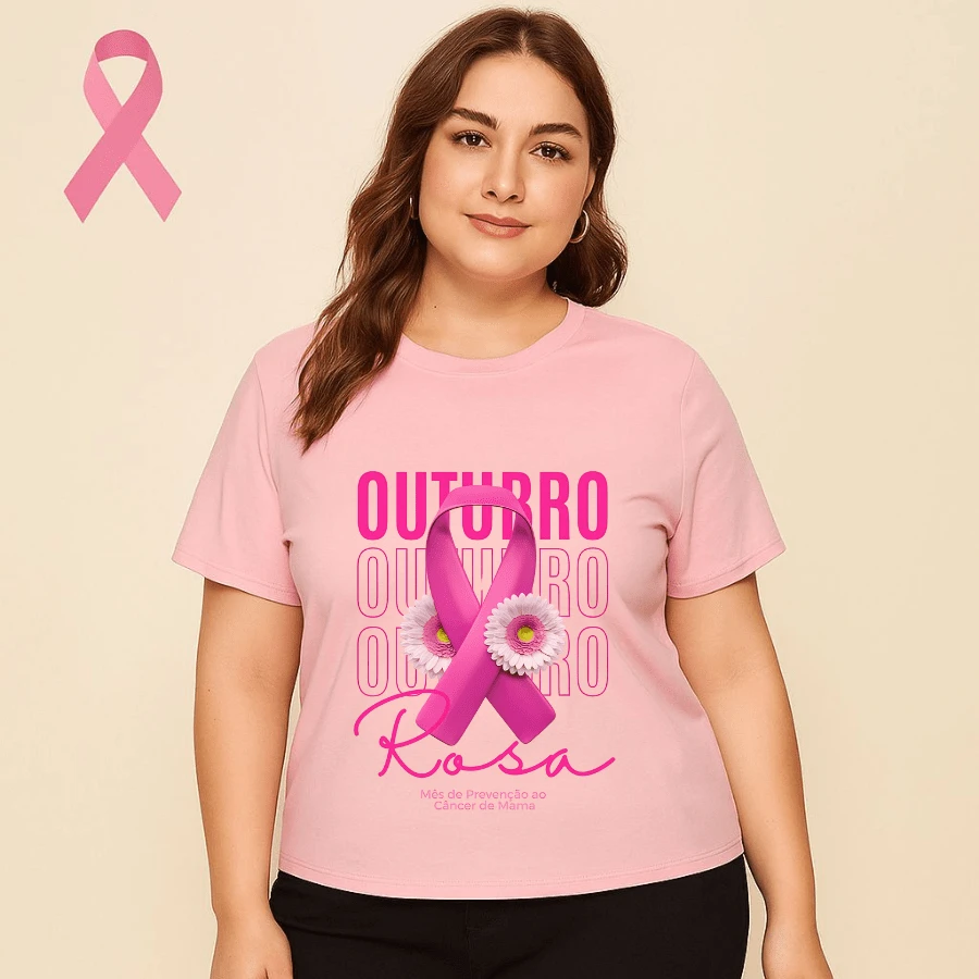 Plus Size T-Shirt Pink October Breast Cancer Prevention - 淺粉色 - 查看 1