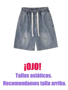 Shorts de mezclilla para hombre en azul claros - corte holgado, rotos desgastados, estilo minimalista moderno con elastano para comodidad. Modelo clásico de verano, diseño casual con efecto vintage,jeans con cortes cruzados - Celeste - Ver 2