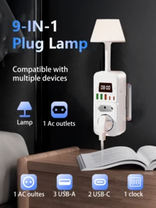 1 包 9 合 1 多功能壁式插座，带灯、时钟、3 个 USB-A 和 2 个 USB-C 端口、电涌保护器、电源管理器，适用于家庭、办公室、工作空间、卧室、游戏室和旅行