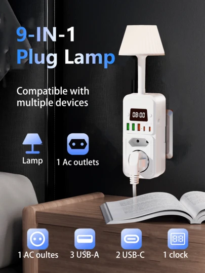 1 Pack 9-In-1 Multifunctional Wall Outlet With Lamp, Clock, 3 USB-A And 2 USB-C Ports, Surge Protector, Power Organizer For Home, Office, Work Space, Bedroom, Gaming Room And Travel