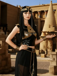Egyptian Queen Cleopatra Costume, Black And Gold Dress With Scale Collar, Headpiece And Belt, Adult Standard Size