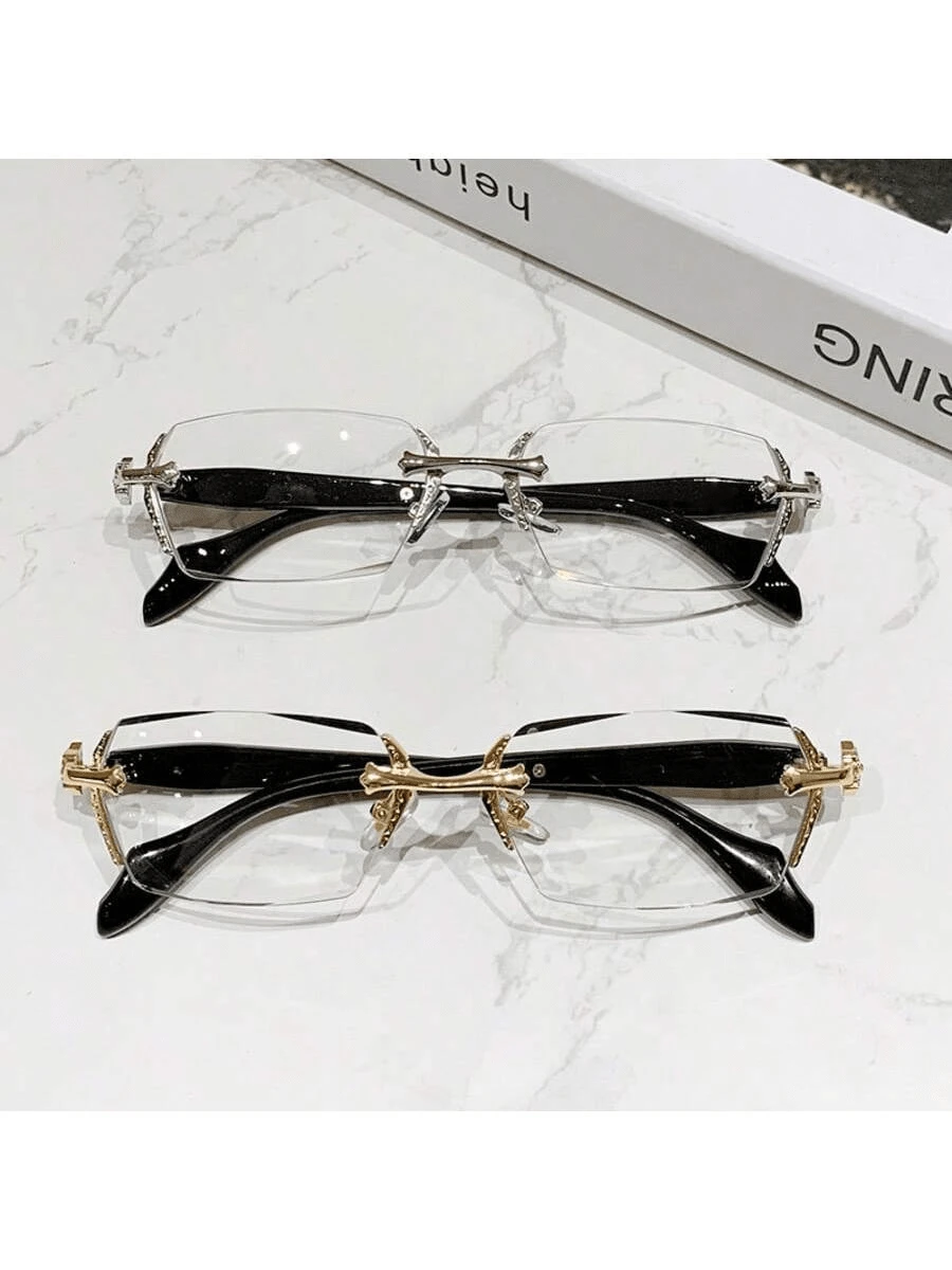 1 Set Of Men's Metal Frameless Trimmed Stylish Flat Glasses Suitable For Daily Use