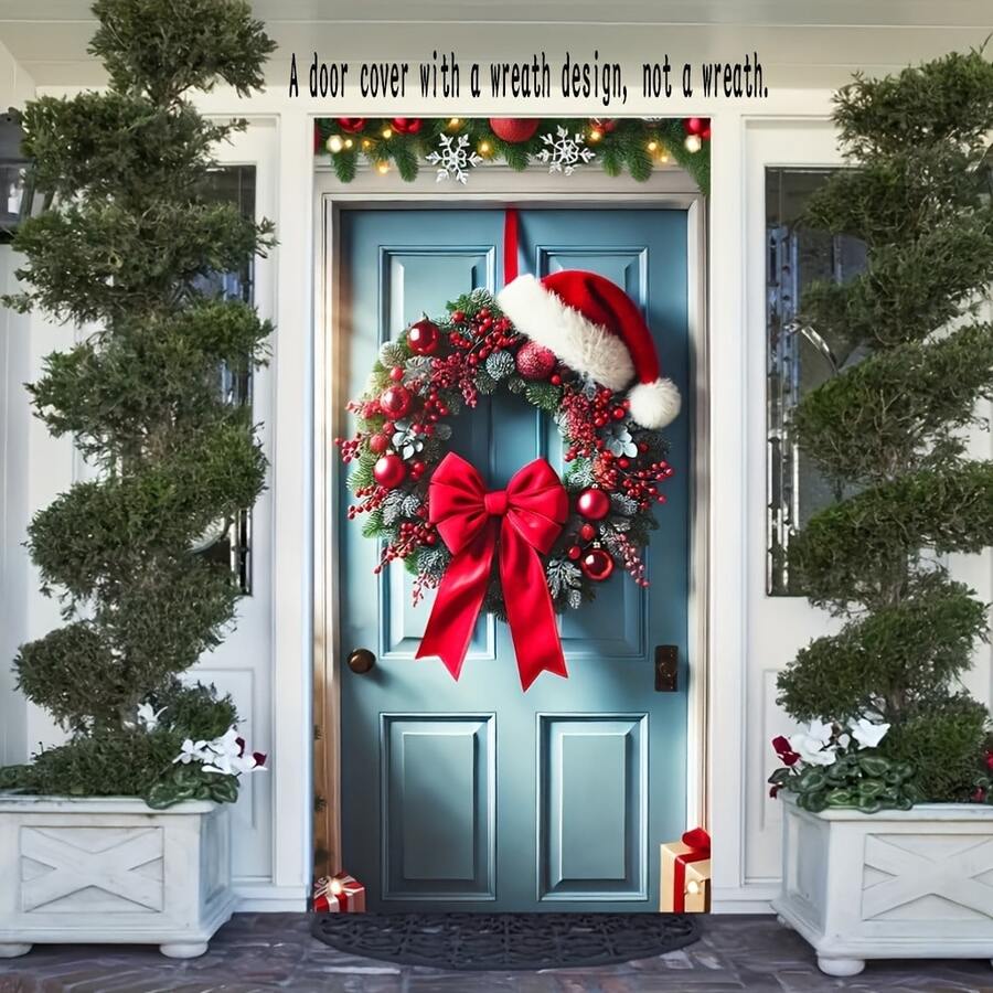 Gioia natalizia, corona natalizia con cappello di Babbo Natale e fiocchi rossi - Striscione versatile per porte per decorazioni natalizie e stagionali, adatto per porte standard, in poliestere, 89,92 x 180,09 cm