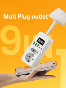 1 包 9 合 1 多功能壁式插座，带灯、时钟、3 个 USB-A 和 2 个 USB-C 端口、电涌保护器、电源管理器，适用于家庭、办公室、工作空间、卧室、游戏室和旅行