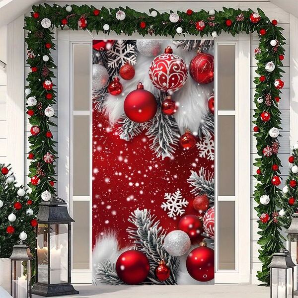 Merry Christmas Door Banner - 35.4" X 70.8" Polyester Cover With Tree & Ornament Design, Perfect For Indoor/Outdoor Holiday Decor