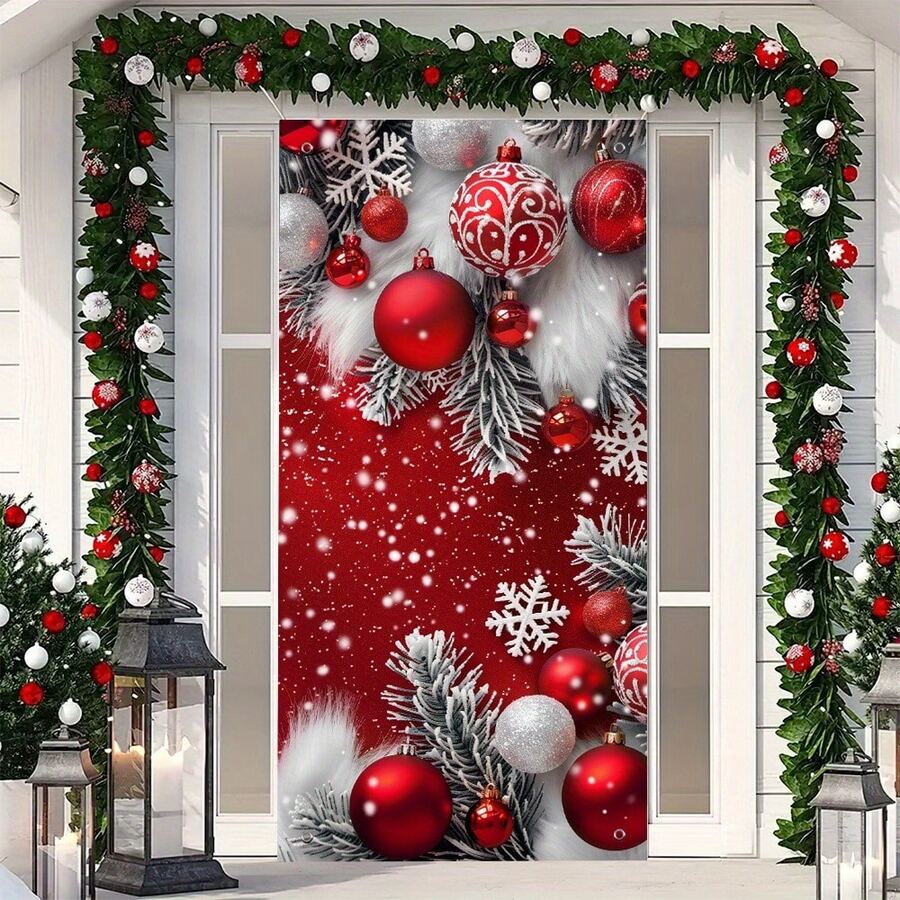 Merry Christmas Door Banner - 35.4" X 70.8" Polyester Cover With Tree & Ornament Design, Perfect For Indoor/Outdoor Holiday Decor