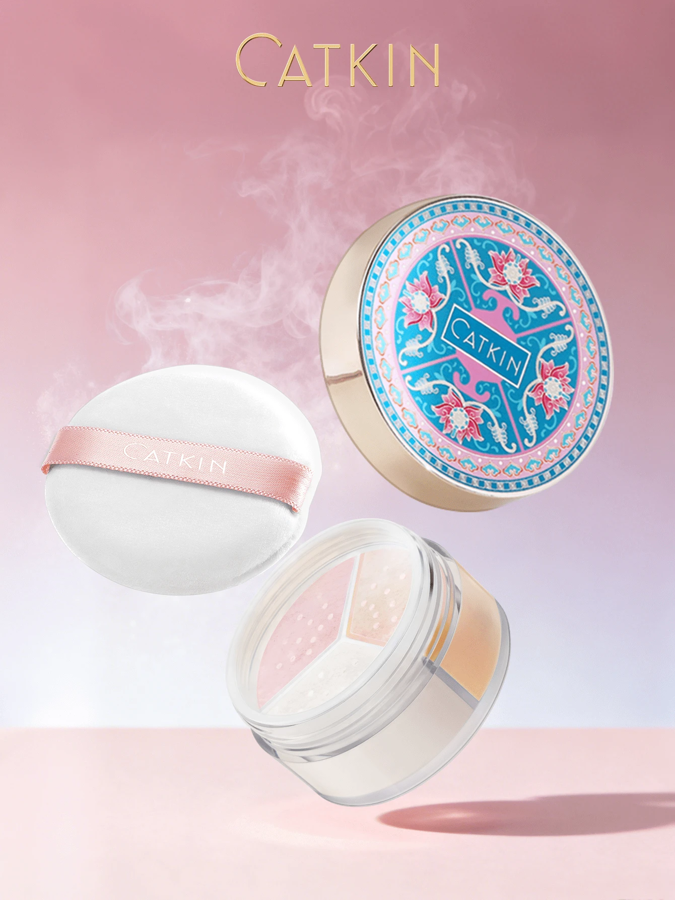 CATKIN 3-Color Lotus Powder, Pengontrol Minyak Tahan Lama, Hasil Akhir Pearl & Matte, Efek Riasan Alami, Dengan Puff Bedak, C02 Matte