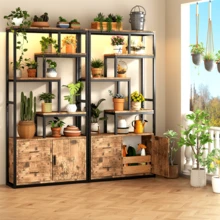 5-stöckiges Bücherregal mit LED-Beleuchtung | Aufbewahrungsmöbel mit Tür und 2 Schubladen | Metallrahmen | Braun und Schwarz