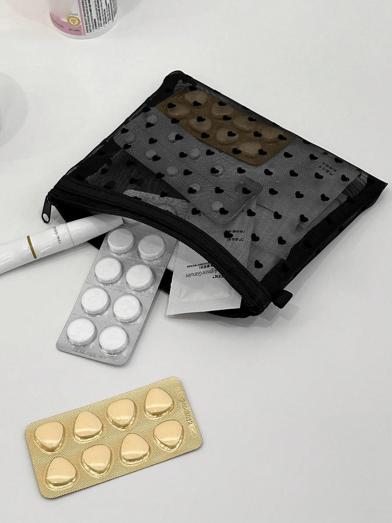 2pcs Mini Heart-Shaped Mesh Design Pill Pouches, Portable Nylon Transparent Cosmetic Bags, Minimalist Zipper Makeup Bags (Round Zipper)