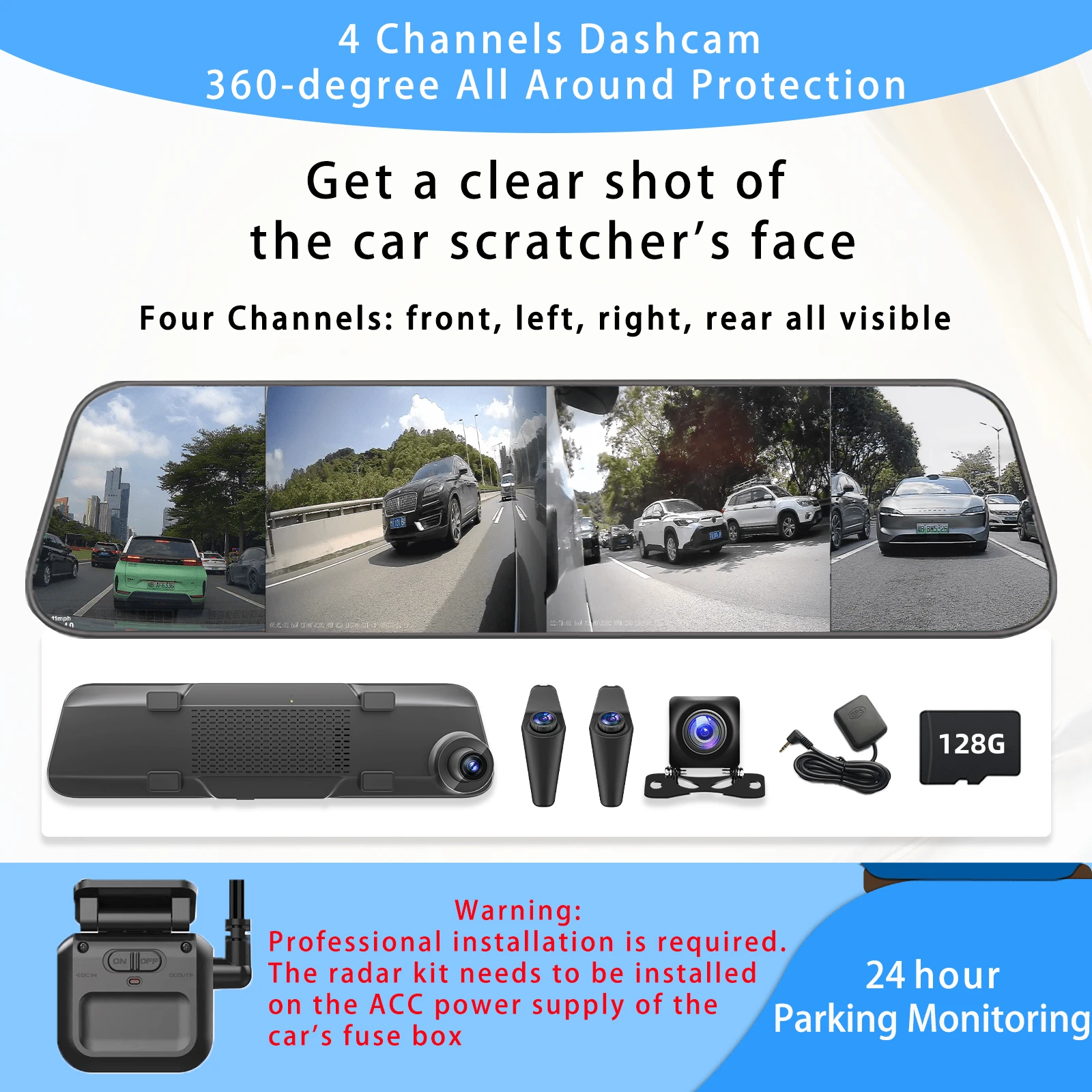 4 Channel Dash Cam With 12" Touch Screen Mirror, WiFi Rearview Mirror, Night Vision, Parking Assistance, GPS, G-Sensor, Loop Recording, 360-Degree Panoramic Dash Cam For Cars - A10-128G-parking Guardian Pack - View 1