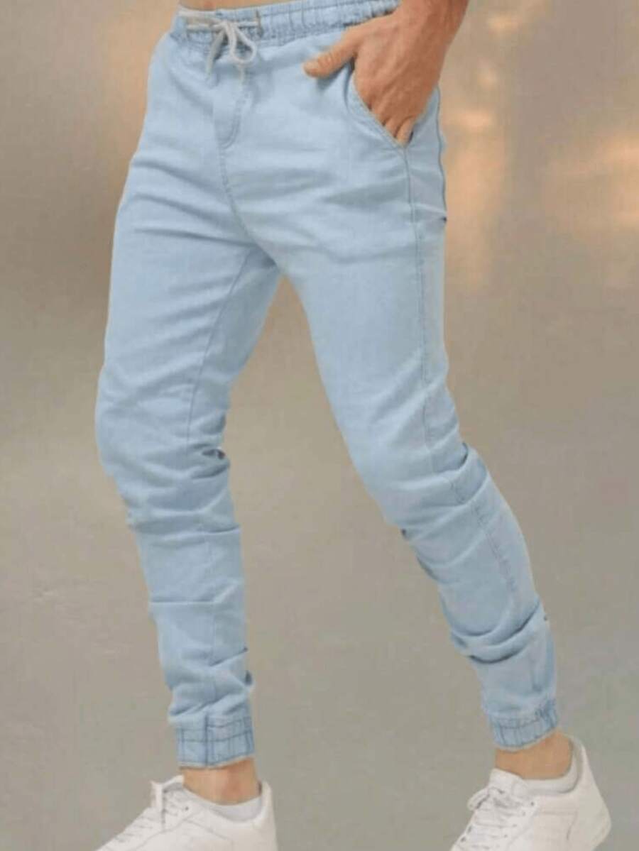 Men's Twill Jogger Pants With Elastic Waistband - Baby Blue - View 1