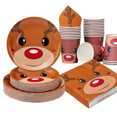 10 Stücke/25 Stücke Weihnachtsthema Einweg-Geschirr Set, 7"/9" Rentier Gesicht Einweg-Pappteller Party Zubehör, Fröhlicher Geburtstag Einweg-Teller, Becher und Servietten, Party Dekorationen, Einweg-Party, Geburtstagsfeier, Geschenkparty, Feier Dekorationen