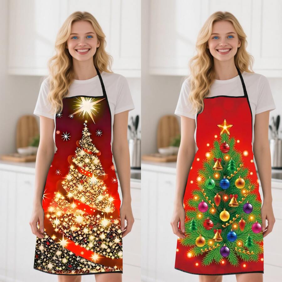 1 șorț de Crăciun mărime mare - șorț de bucătărie, model strălucitor de brad de Crăciun roșu și auriu, șorț de bucătar din poliester durabil, potrivit pentru bărbați și femei, cadou ideal de Crăciun, pentru copt, petreceri de sărbători - ușor de curățat și durabil - perfect pentru bucătarii de acasă și pentru utilizarea în bucătăria de sărbători (roșu/auriu/negru) - cadou ideal