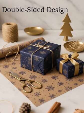1 卷超长双面冬季雪花礼品包装纸，适用于圣诞节、新年、生日派对装饰，优雅的深蓝色和白色雪花设计，适合大礼物的豪华礼品包装纸，节日深蓝色雪花图案，礼品配件